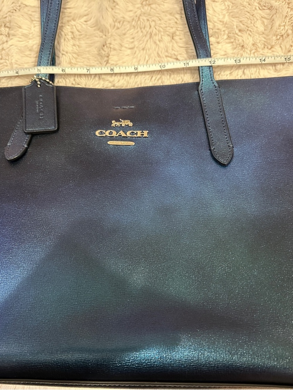 Coach Shimmery Holographic Peacock Blue Tote, Like New - Picture 3 of 8